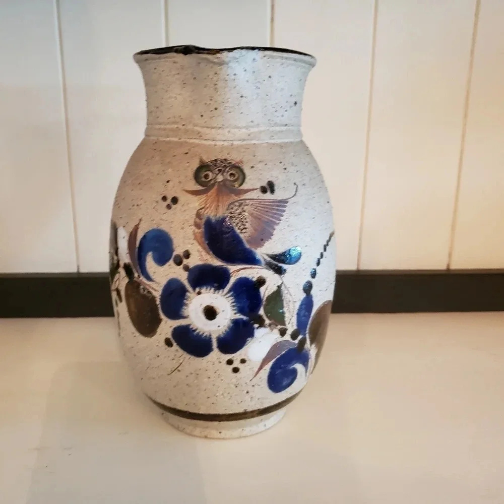 Mexican Tonala Hand  Painted Bird/Floral Sandstone Pottery Pitcher/Vase.